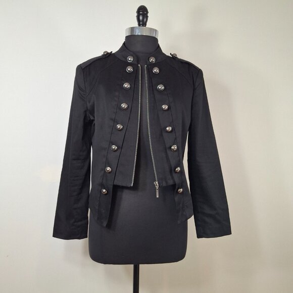 Womens Indie Goth Cropped Pea Coat Military Style Jacket Sz XL Epaulettes - Picture 1 of 16